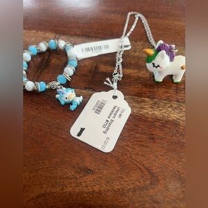 Unicorn Charm Necklace and Bracelet Set - Blue and White